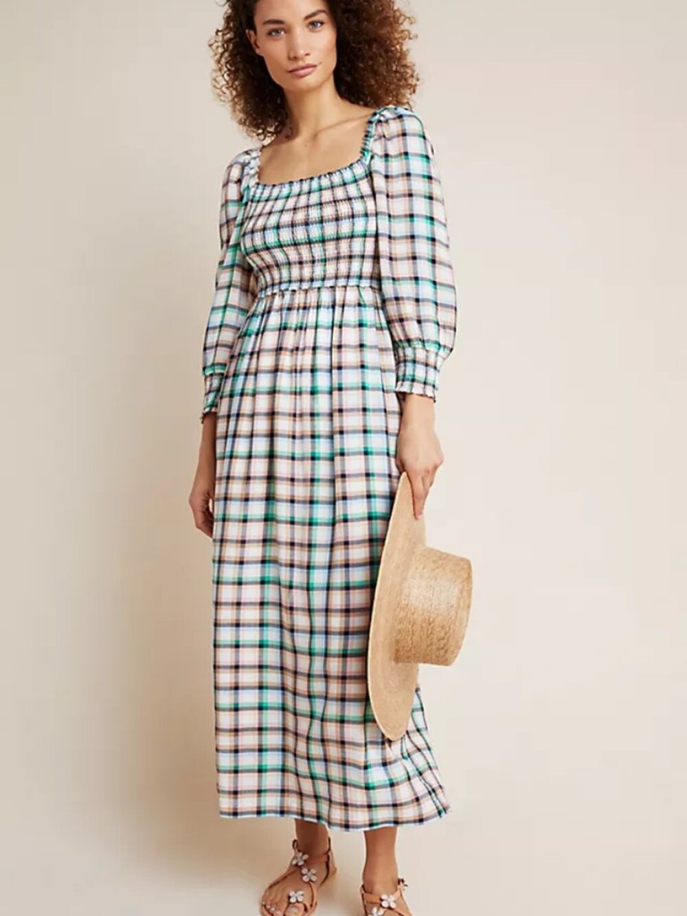 Anthropologie Maeve Womens Cerie Smocked Midi Dress Plaid Size Medium Petite